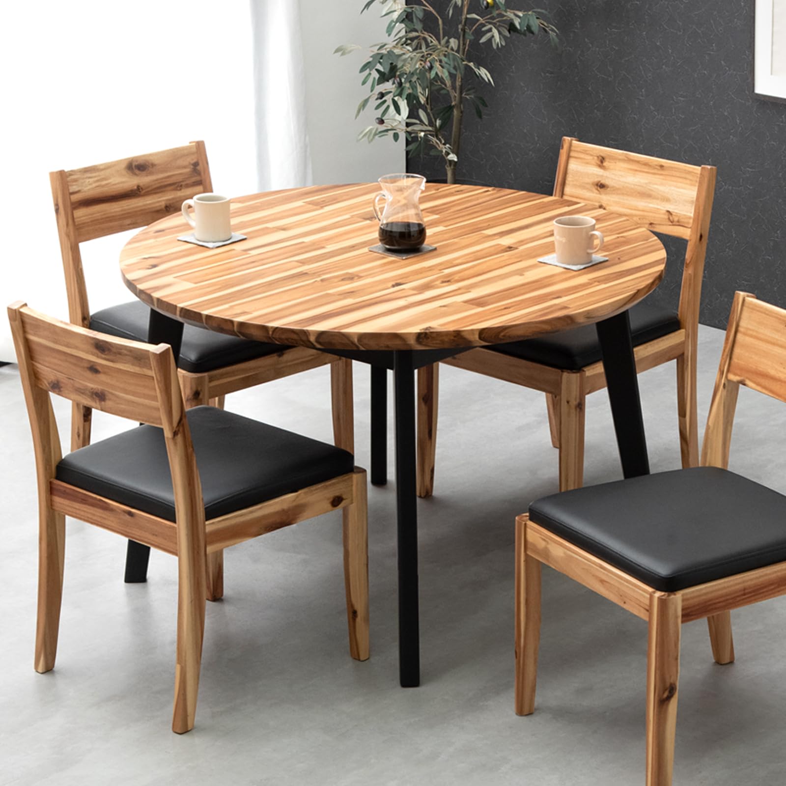 タンスのゲン　ダイニングテーブル　 丸テーブル　テーブル　天然木　北欧　アカシア 幅110cm］デザイン木目 円形 ダイニングテーブルセット 5点